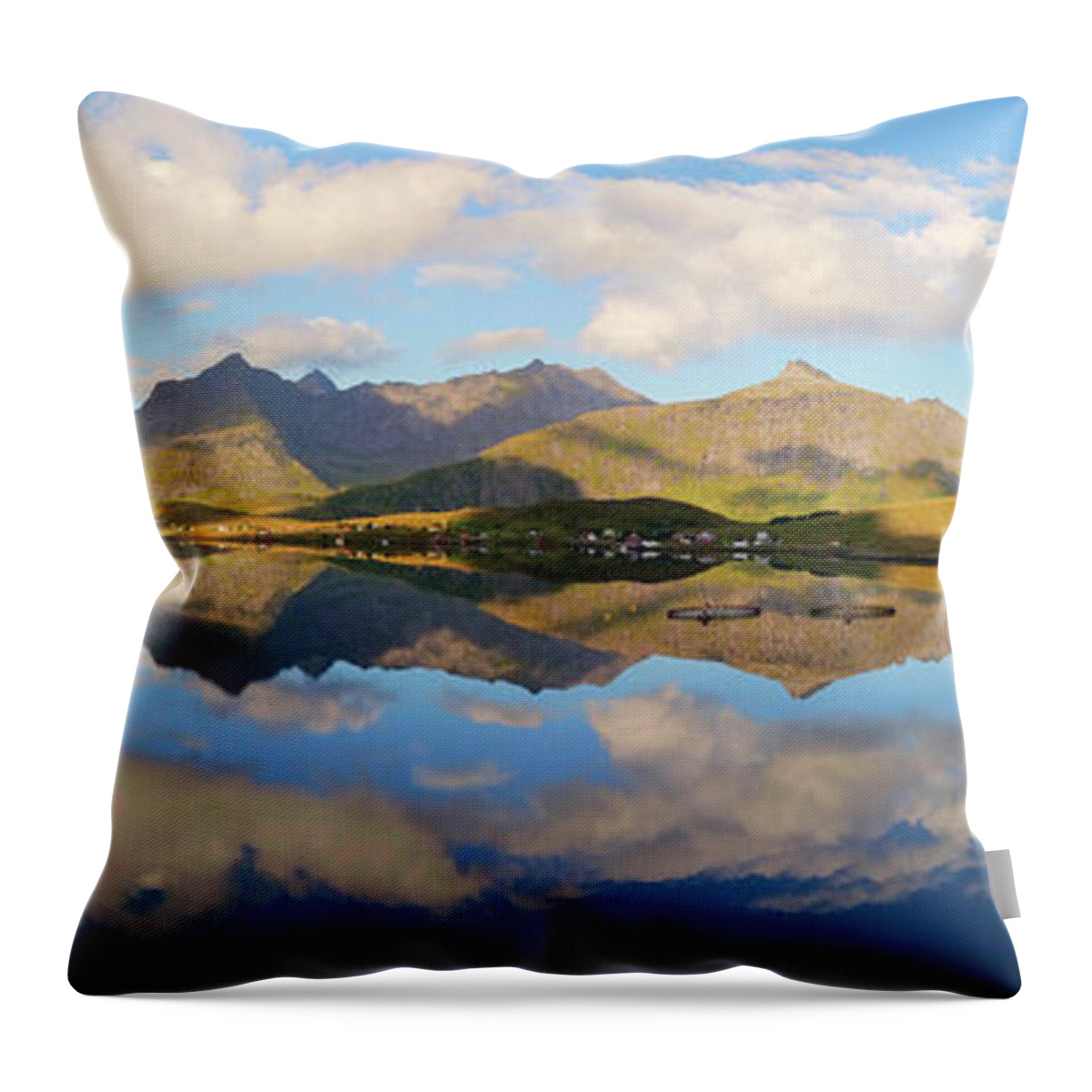 Shoreline Throw Pillow featuring the photograph Lofoten Panorama Selfjorden Norway by Heiko Koehrer-Wagner