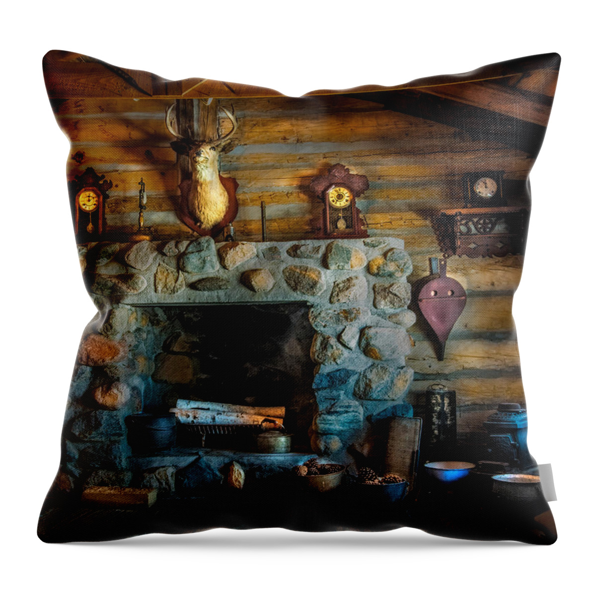 Log Cabin With Fireplace Throw Pillow featuring the photograph Log Cabin with Fireplace by Paul Freidlund