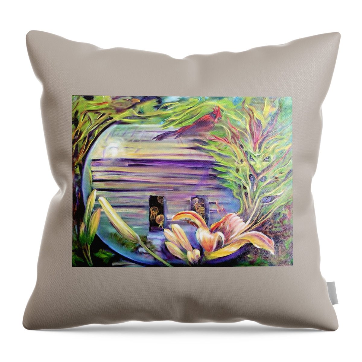 Curvismo Throw Pillow featuring the painting Log Home by Sherry Strong