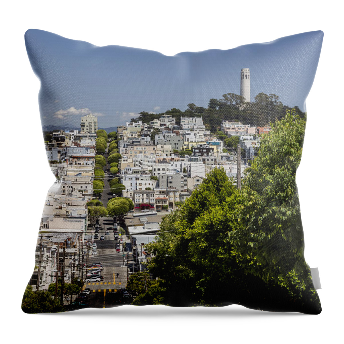 3scape Throw Pillow featuring the photograph Lombard Street and Coit Tower on Telegraph Hill by Adam Romanowicz