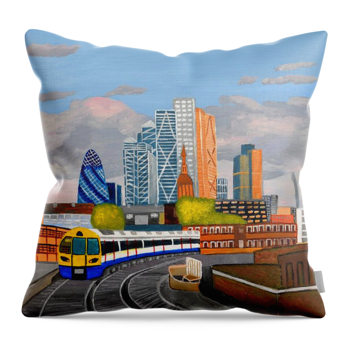 Train Throw Pillow featuring the painting London overland train-Hoxton station by Magdalena Frohnsdorff