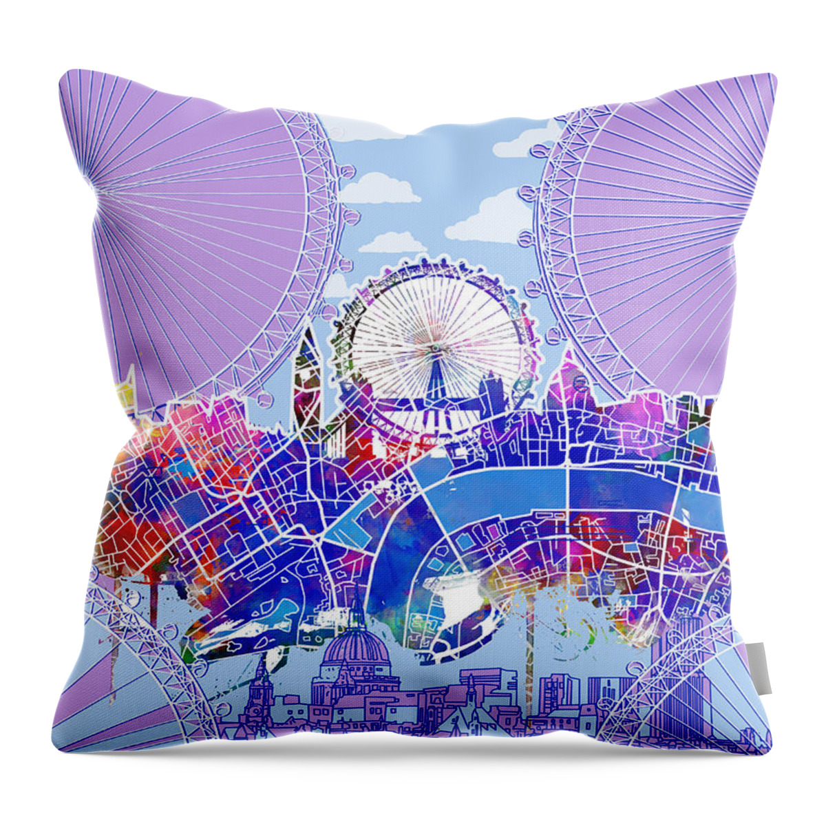 London Throw Pillow featuring the painting London Skyline Blue Vintage by Bekim M