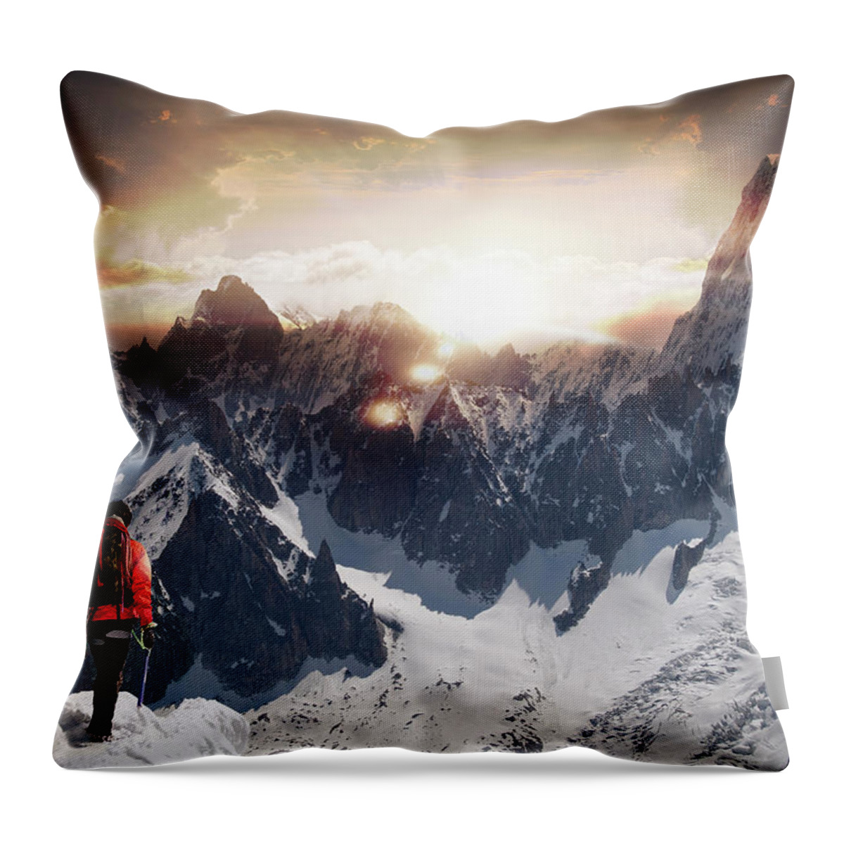 Scenics Throw Pillow featuring the photograph Lone Climber Watching A Mountain Sunset by Buena Vista Images