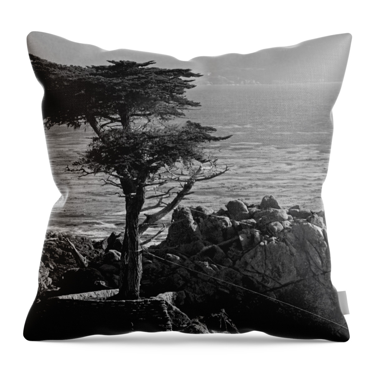 Big Sur Throw Pillow featuring the photograph Lone Cypress - Big Sur in Black and White by Suzanne Gaff