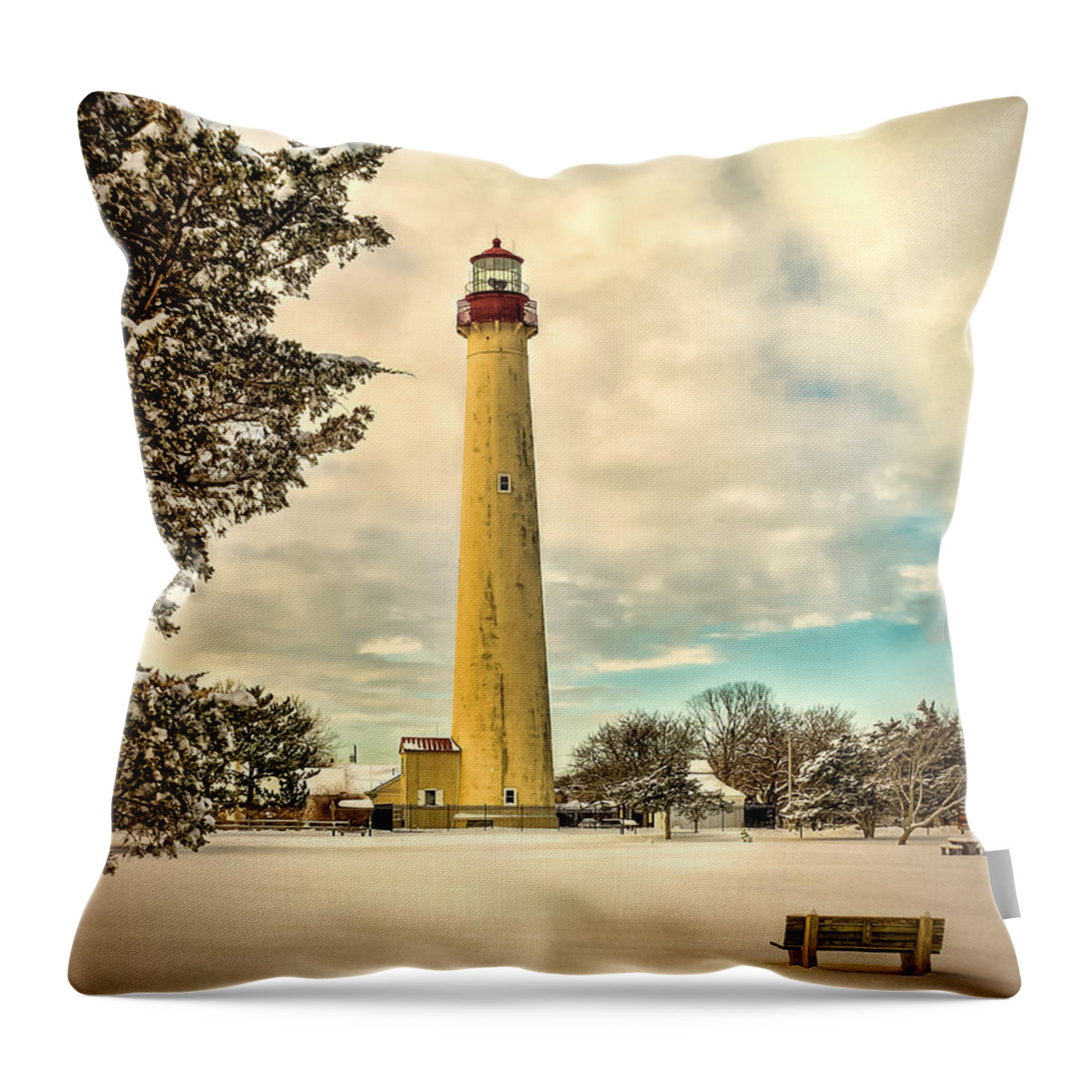 Cape Throw Pillow featuring the photograph Lonely Bench at Cape May Light by Nick Zelinsky Jr