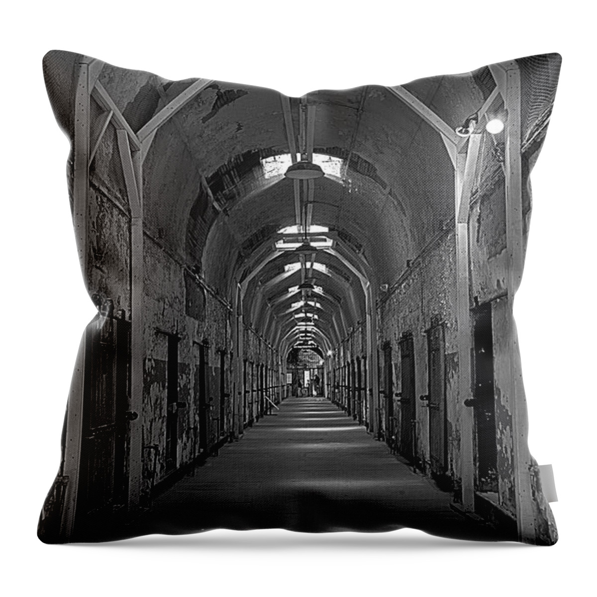 Eastern State Penitentiary Throw Pillow featuring the photograph Long Hallway by Crystal Wightman