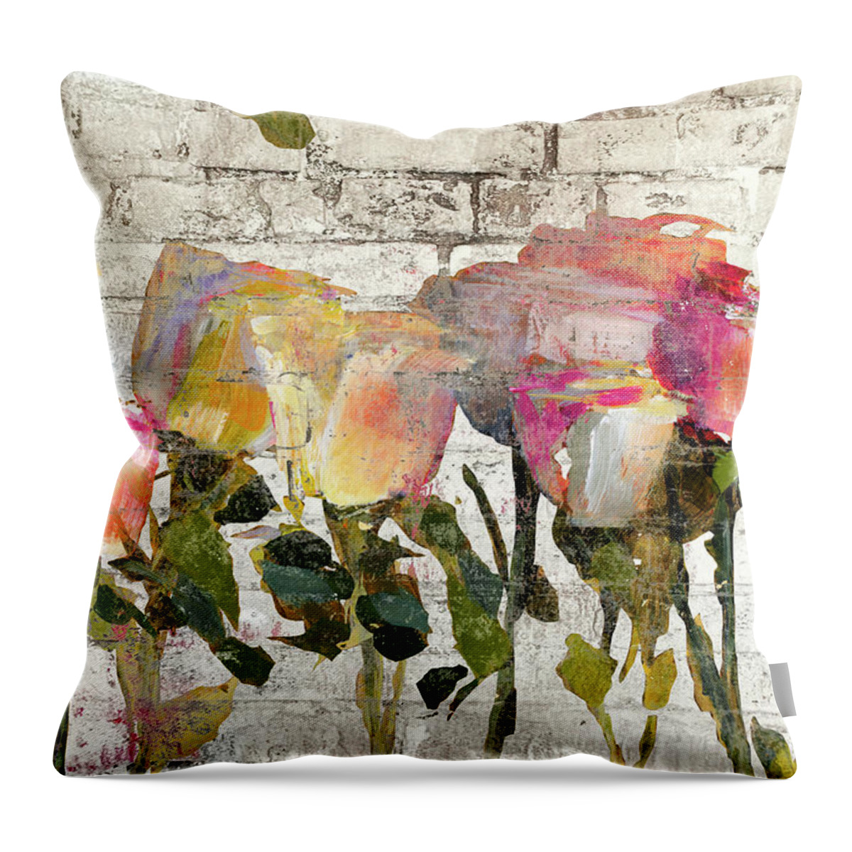 Long Throw Pillow featuring the mixed media Long Stems On Brick by Lanie Loreth