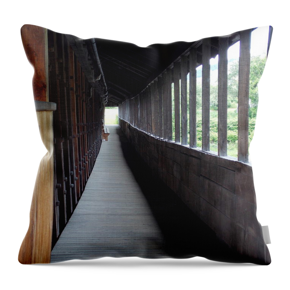Covered Bridge Throw Pillow featuring the photograph Long walkway in Covered Bridge by Catherine Gagne