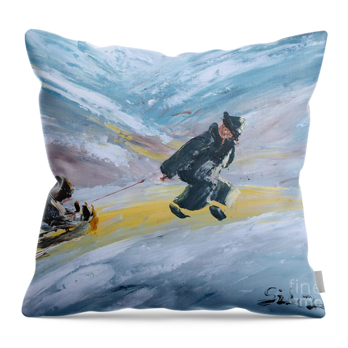 Winter Landscape Throw Pillow featuring the painting Long winter by Lidija Ivanek - SiLa