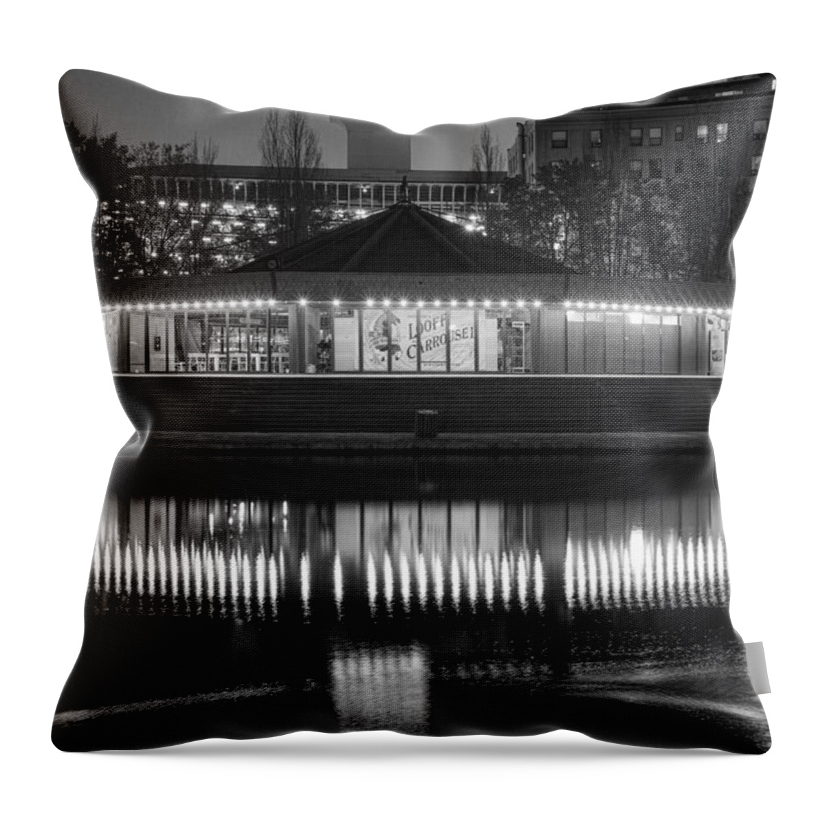 looff Carrousel Throw Pillow featuring the photograph Looff Carrousel Reflection Monochrome by Paul DeRocker