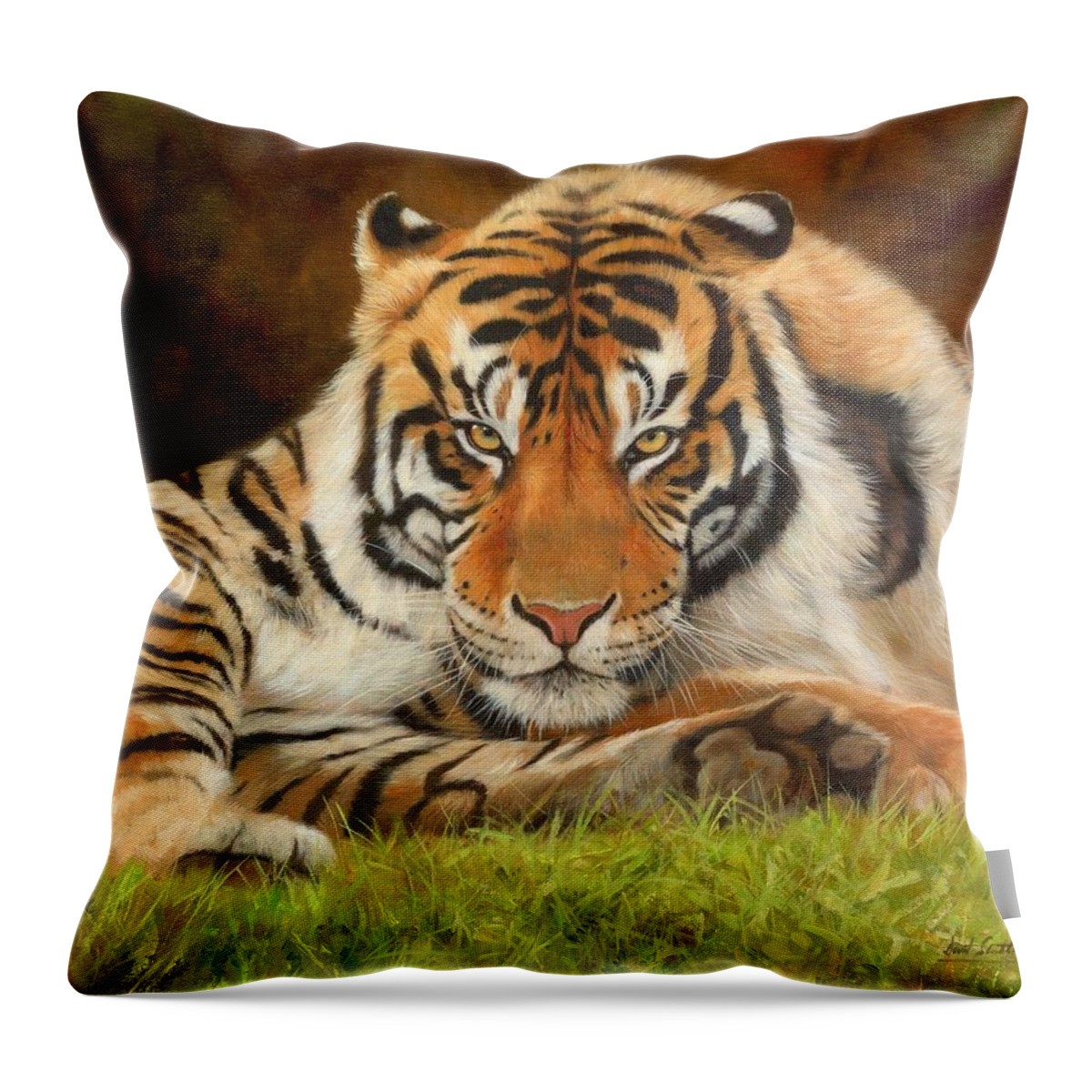 Tiger Throw Pillow featuring the painting Look Into My Eyes by David Stribbling