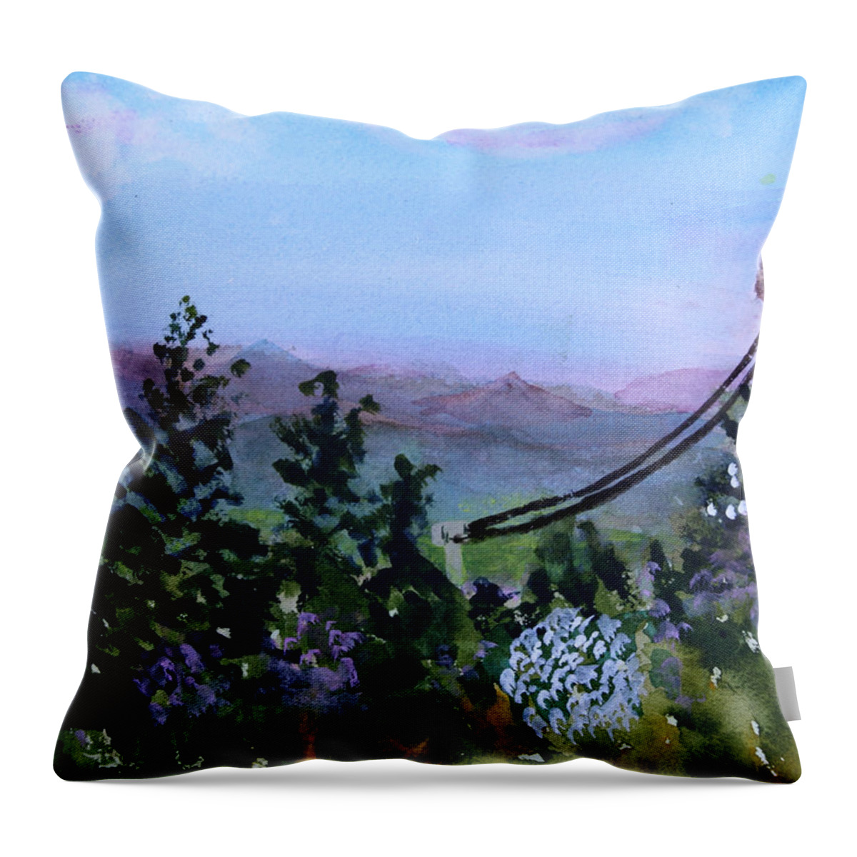 Mountain Throw Pillow featuring the painting Looking out from top of Jay Peak by Donna Walsh