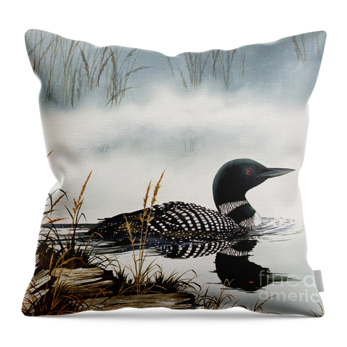 Loon Throw Pillow featuring the painting Loons Misty Shore by James Williamson