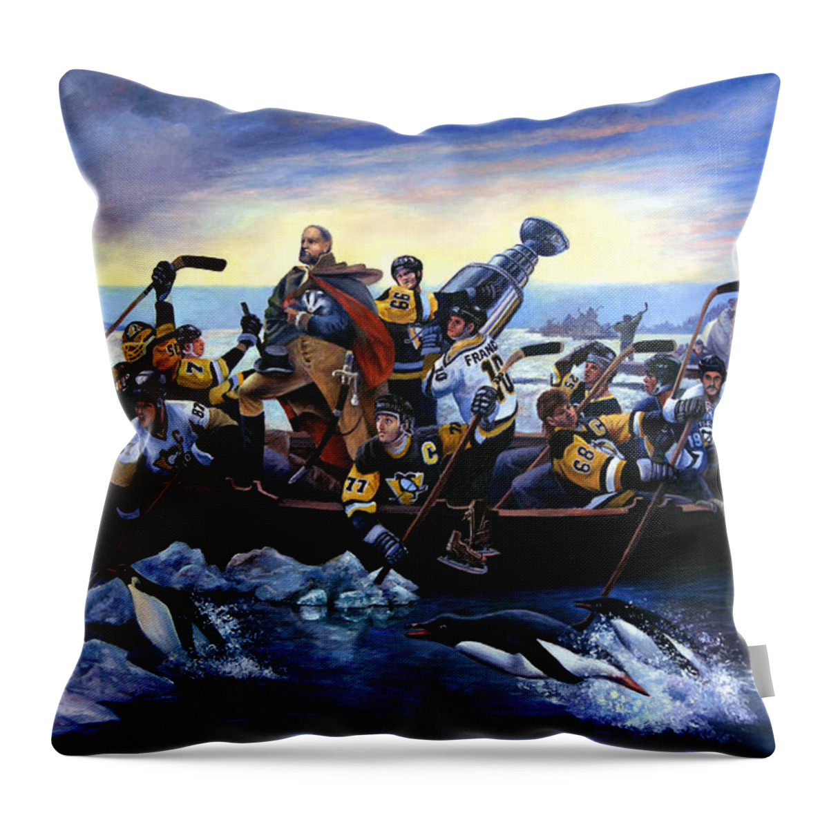 Pittsburgh Penguins Throw Pillow featuring the painting Lord Stanley and the Penguins Crossing the Allegheny by Fred Carrow