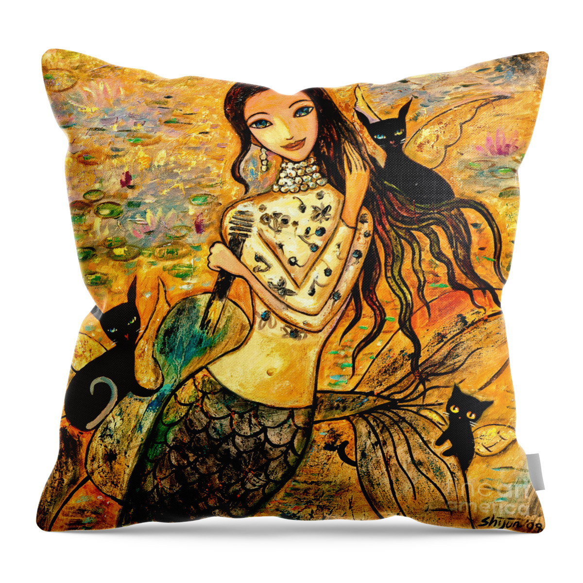 Mermaid Art Throw Pillow featuring the painting Lotus Pool by Shijun Munns