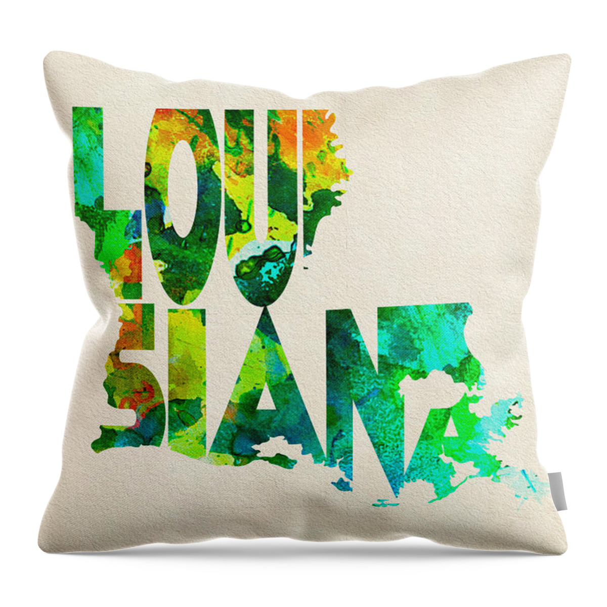 Louisiana Throw Pillow featuring the painting Louisiana Typographic Watercolor Map by Inspirowl Design