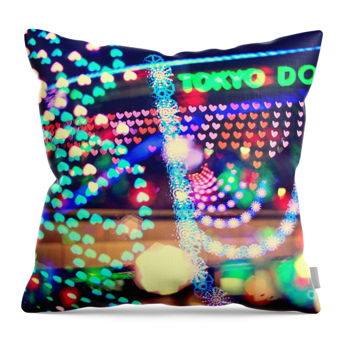 Tokyo Dome Throw Pillow featuring the photograph Love and Tokyo Dome with Colorful Psychedelic Heart Lights by Beverly Claire Kaiya