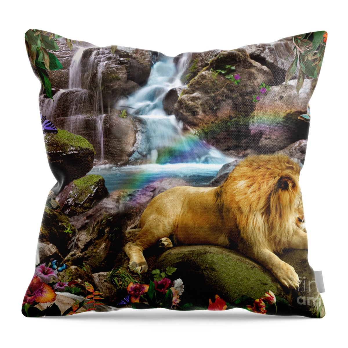 Lion Throw Pillow featuring the digital art Love Lion Waterfall by MGL Meiklejohn Graphics Licensing