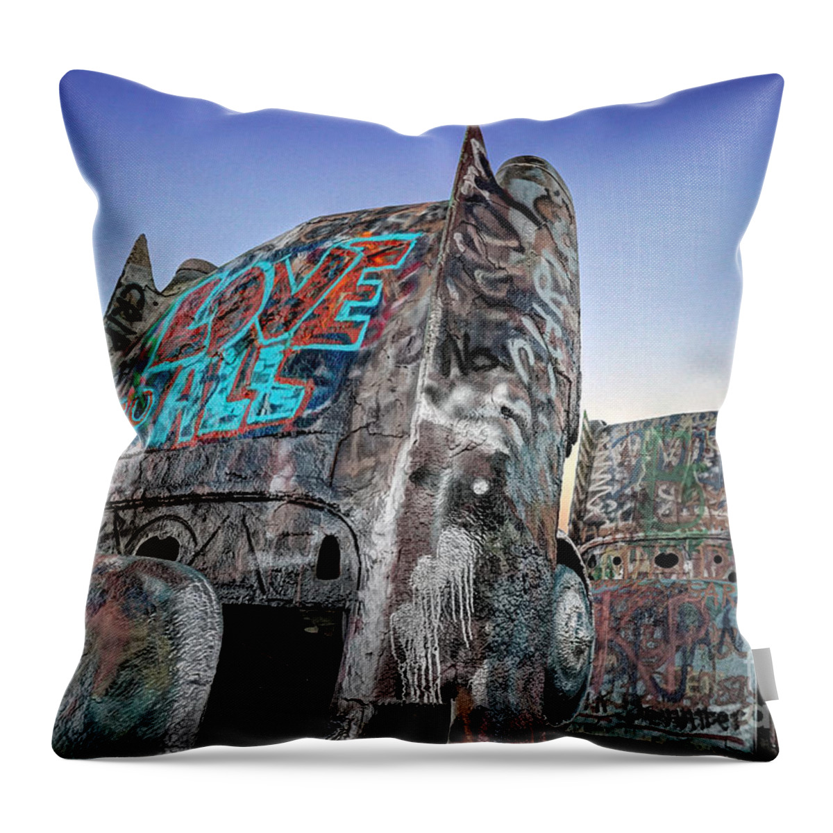 Graffiti Throw Pillow featuring the photograph Love To All Cadillac Ranch by Martin Konopacki