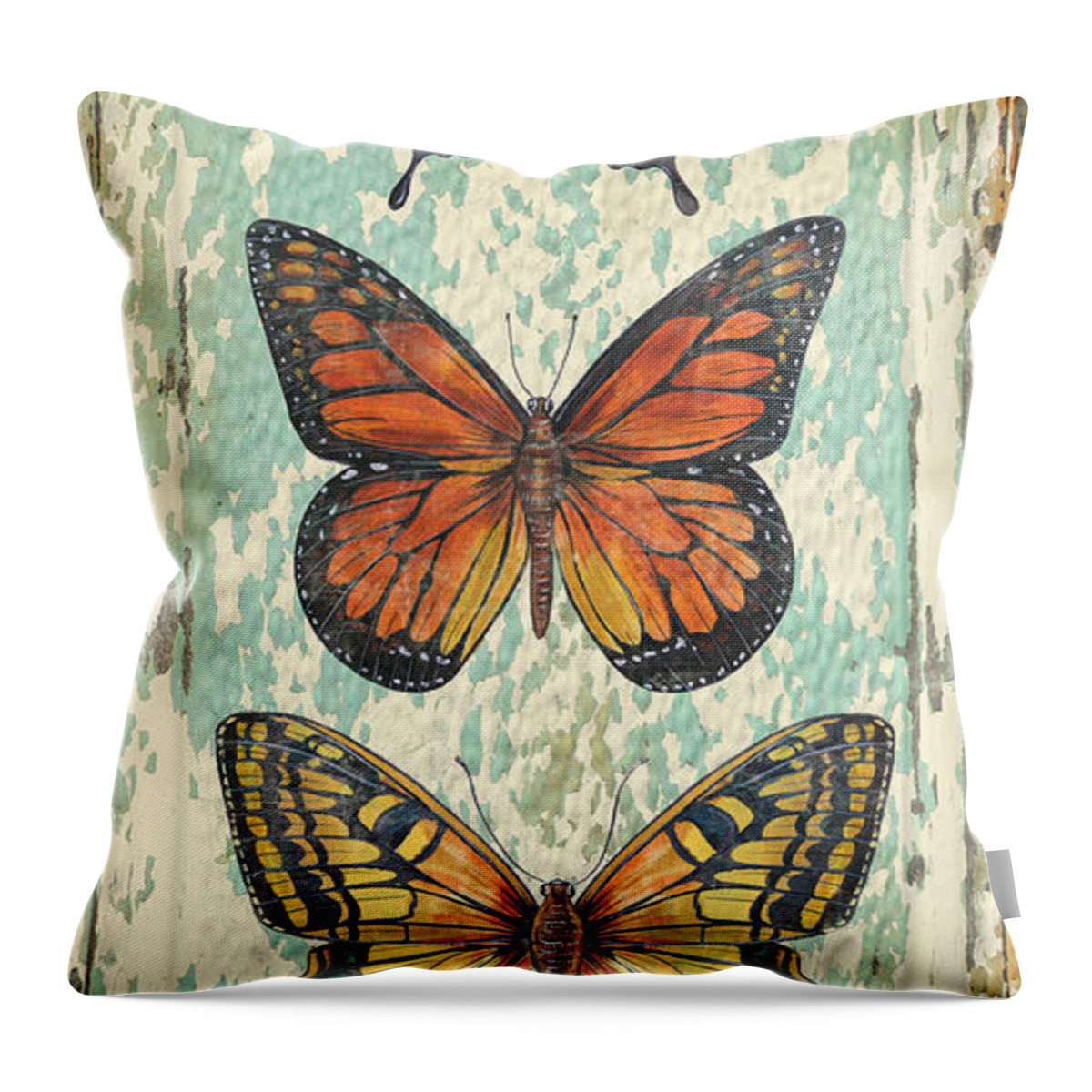 Acrylic Painting Throw Pillow featuring the painting Lovely Butterfly Trio on Tin Tile by Jean Plout