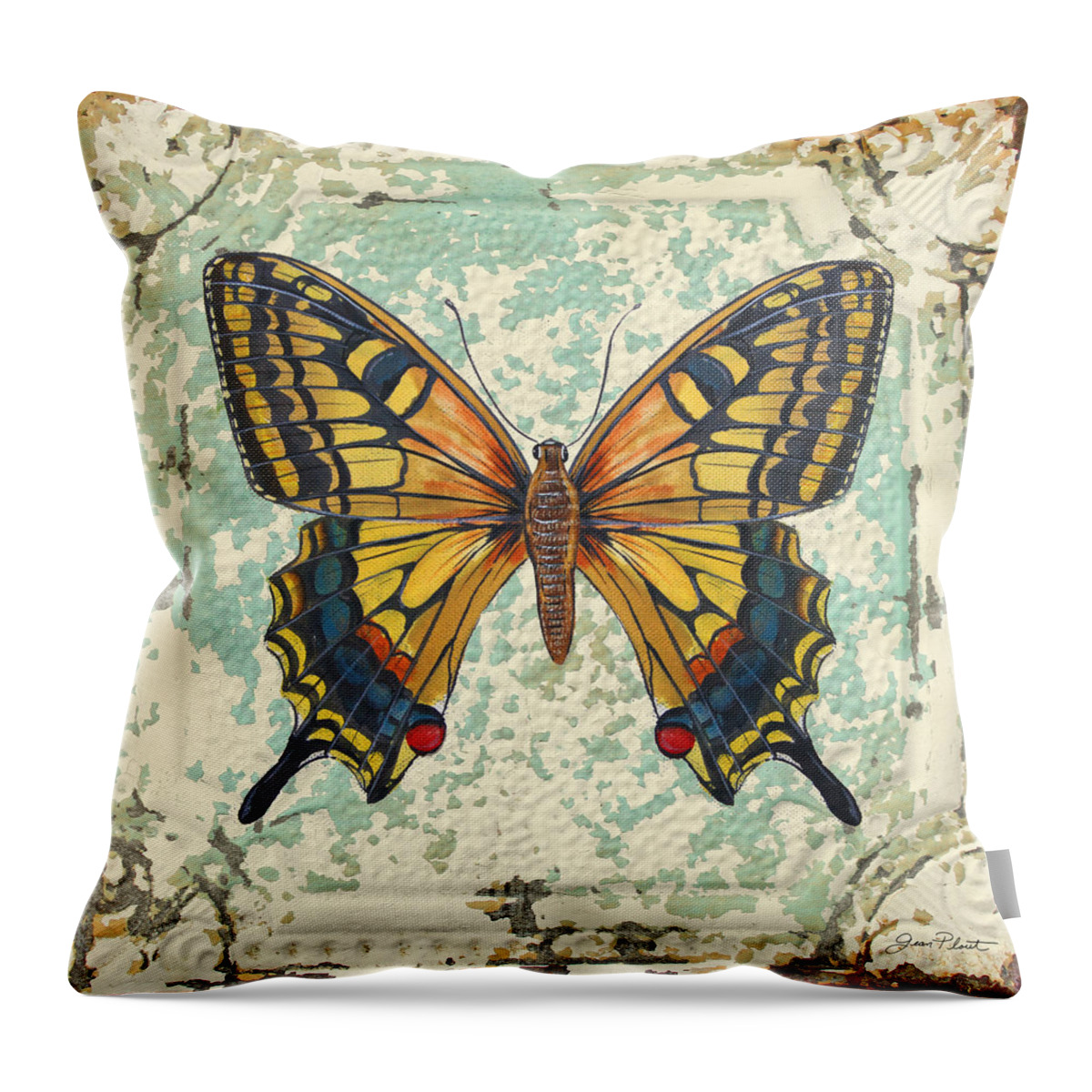 Acrylic Painting Throw Pillow featuring the painting Lovely Yellow Butterfly on Tin Tile by Jean Plout