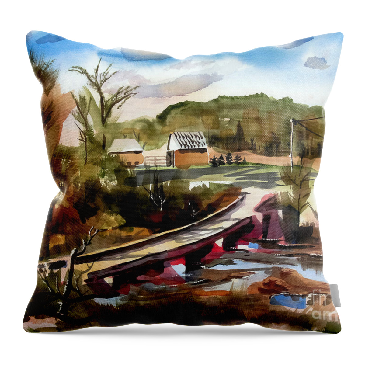 Low Water Bridge Ii Throw Pillow featuring the painting Low Water Bridge II by Kip DeVore