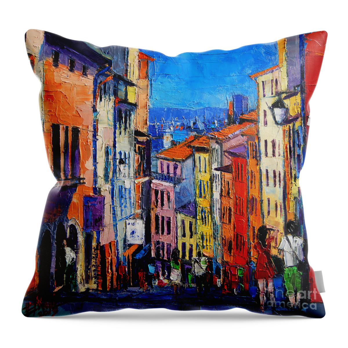 Lyon Colorful Cityscape Throw Pillow featuring the painting Lyon Colorful Cityscape by Mona Edulesco