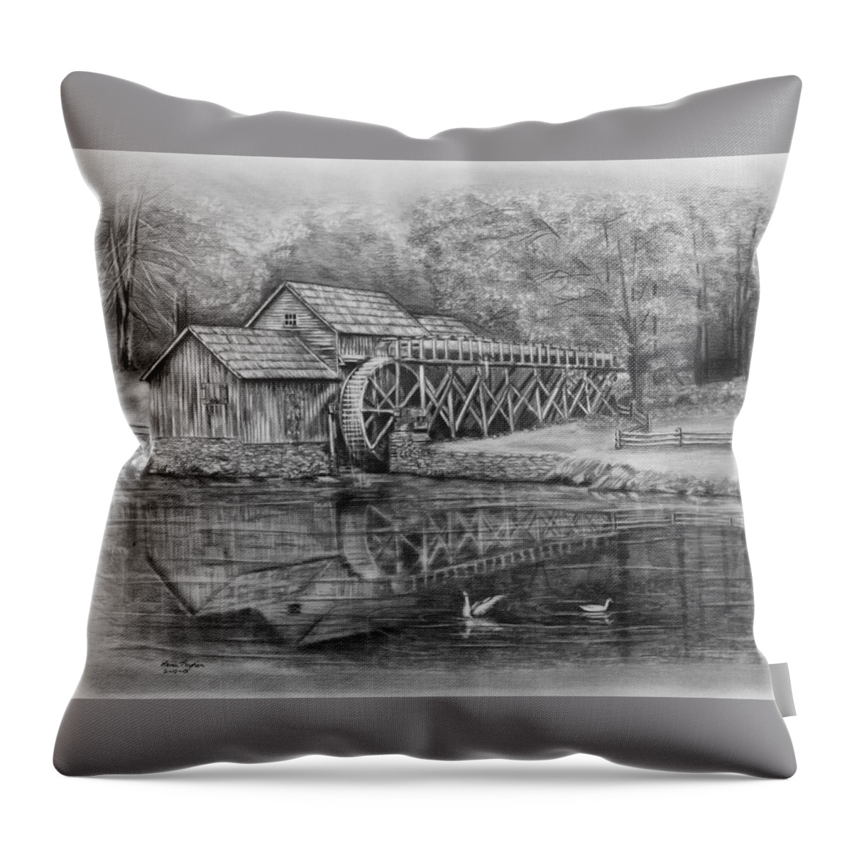 Pencil Throw Pillow featuring the drawing Mabry Mill Pencil Drawing by Lena Auxier