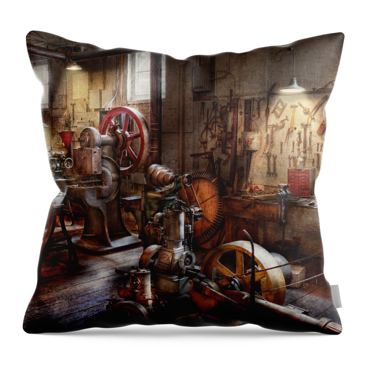 Machinist Throw Pillow featuring the photograph Machinist - A room full of memories by Mike Savad