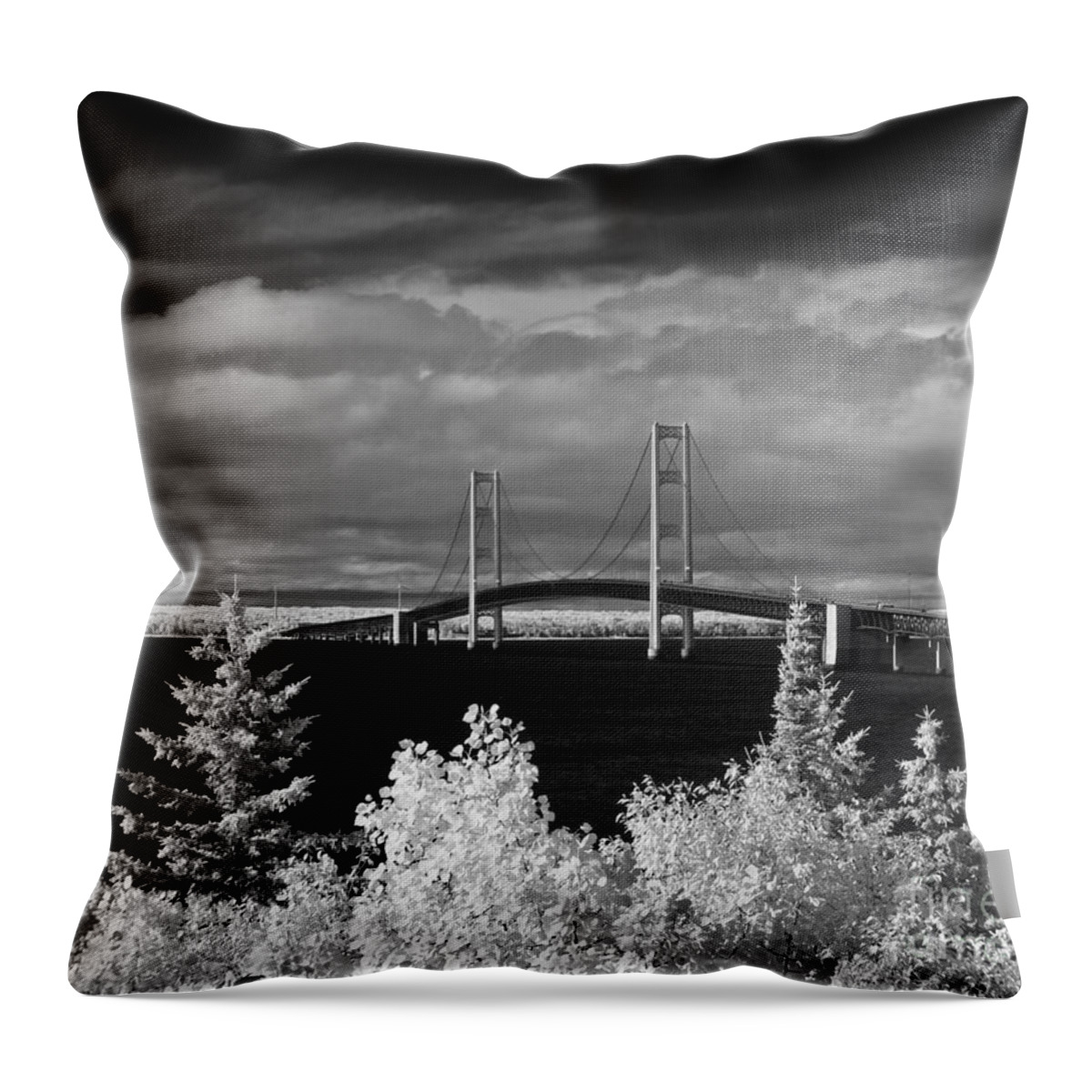 Infrared Throw Pillow featuring the photograph Macinac Bridge - Infrared by Larry Carr