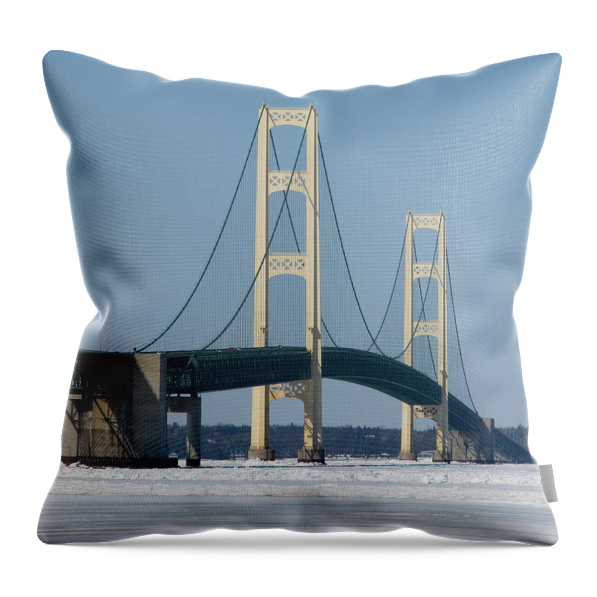 Mackinac Bridge Throw Pillow featuring the photograph Mackinac Bridge in Winter by Keith Stokes