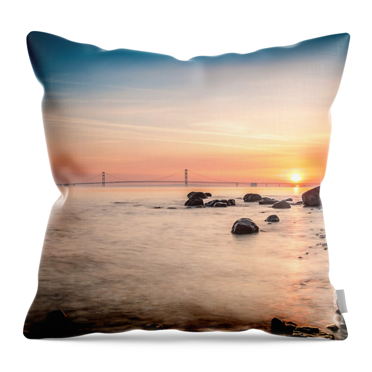 Bridge Throw Pillow featuring the photograph Mackinac Sunrise by Larry Carr