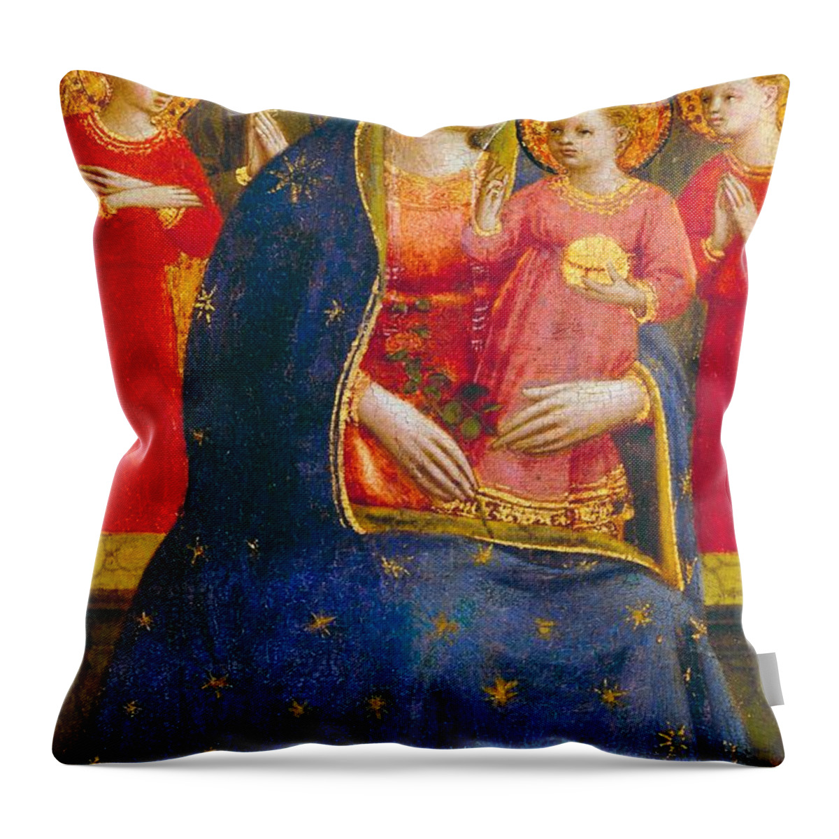 Madonna; Child; Angel; Angels; Virgin; Mary; Jesus; Christ; Infant; Gold; Lapis Lazuli; Blue; Red; Decorative; Stylised; Christian; Christianity; Early; Renaissance; Italian; Madonna Throw Pillow featuring the painting Madonna and Child with Angels by Fra Angelico