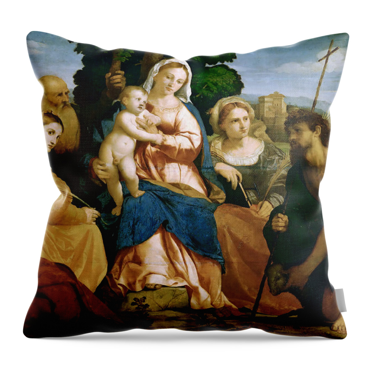 Palma Vecchio Throw Pillow featuring the painting Madonna and Child with St Catherine and St Celestine and John the Baptist and St Barbara by Palma Vecchio