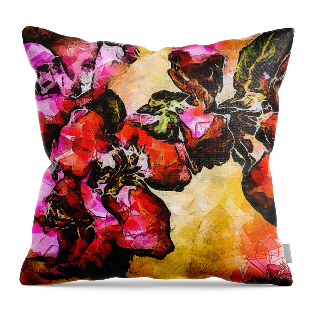 Magenta Throw Pillow featuring the digital art Magenta flowers -- Cubism by Charles Muhle