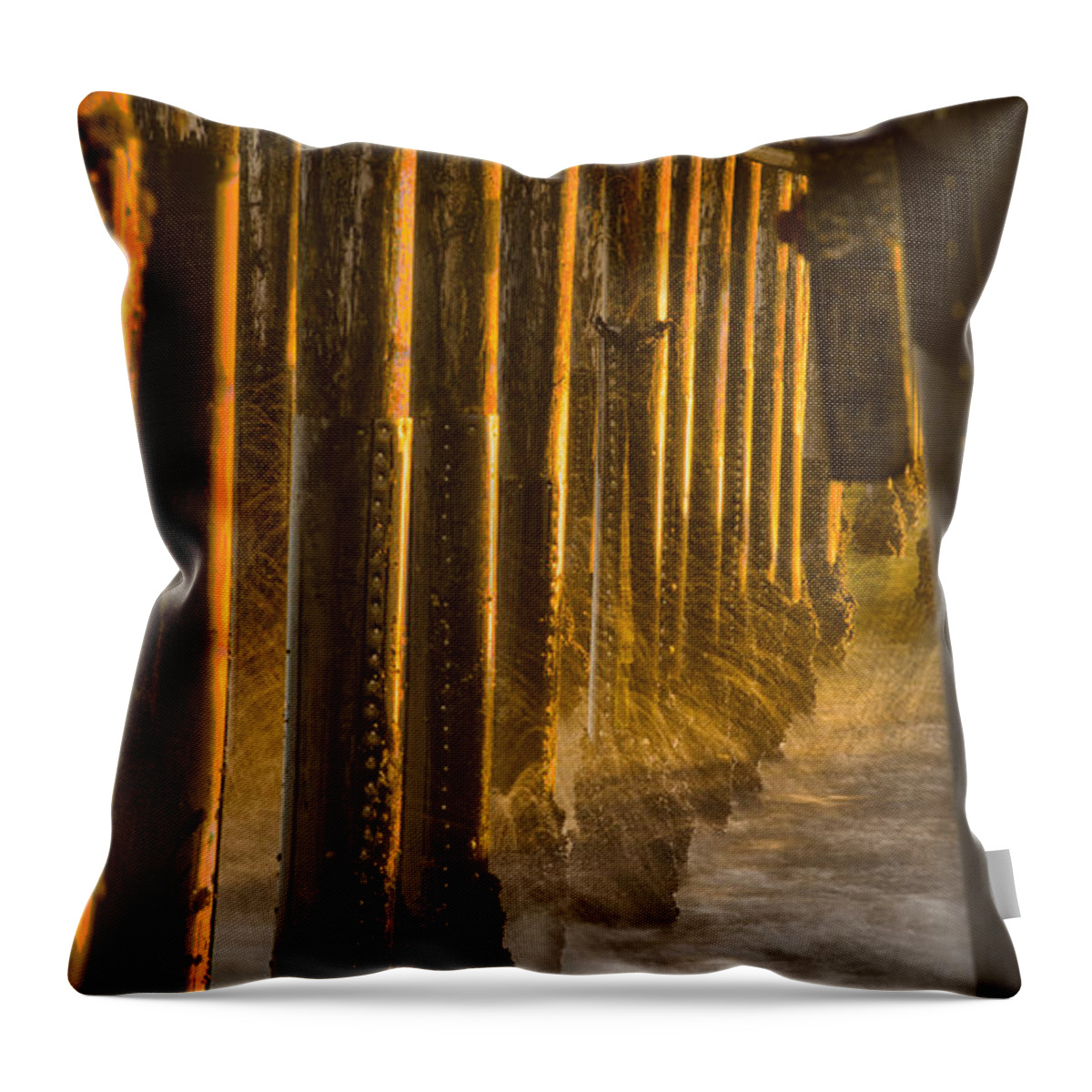 Beaches Throw Pillow featuring the photograph Magic Hour Under Seal Beach Pier by Denise Dube