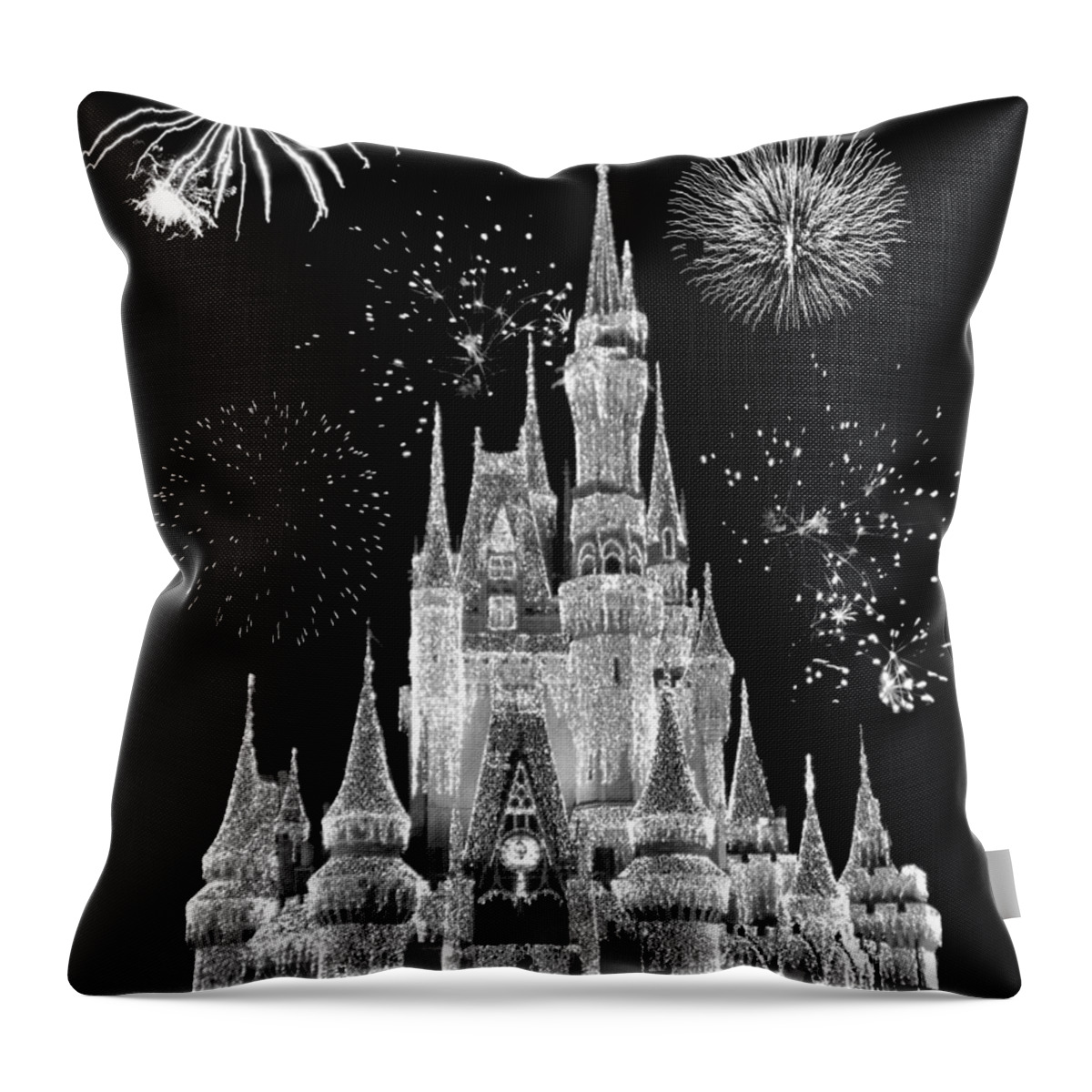 Black And White Throw Pillow featuring the photograph Magic Kingdom Castle in Black and White with Fireworks Walt Disney World by Thomas Woolworth