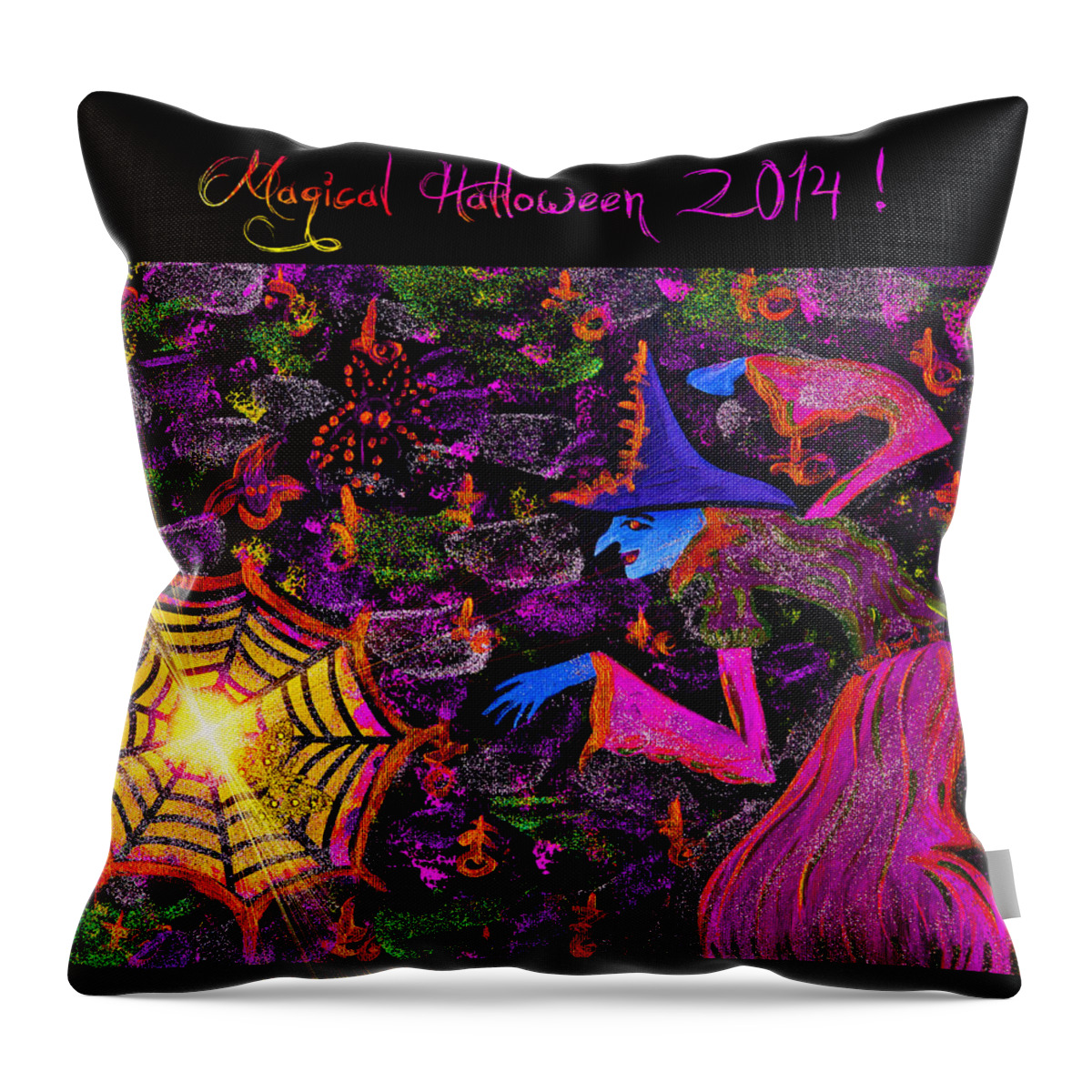 Halloween Throw Pillow featuring the painting Magical Halloween 2014 v4 by Alex Art
