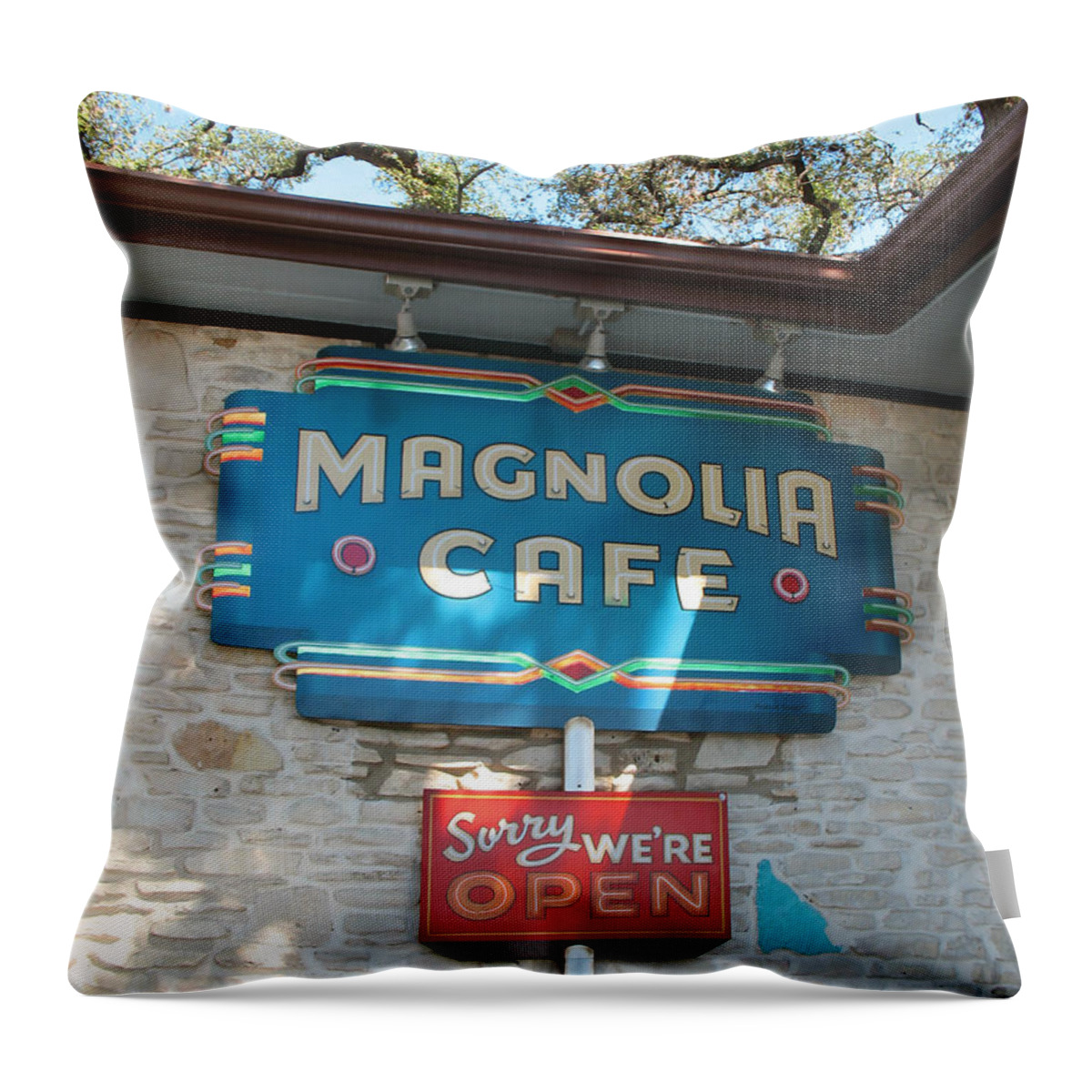 Magnolia Cafe Throw Pillow featuring the photograph Magnolia Cafe Sign in Austin by Connie Fox