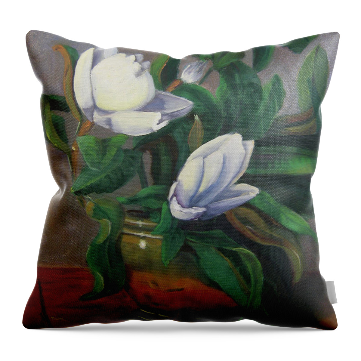 Floral Throw Pillow featuring the painting Magnolias on Brass by Lilibeth Andre