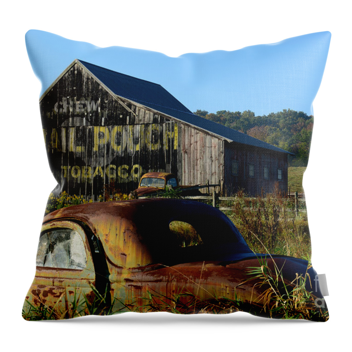 Paul Ward Throw Pillow featuring the photograph Mail Pouch Barn and Old Cars by Paul Ward