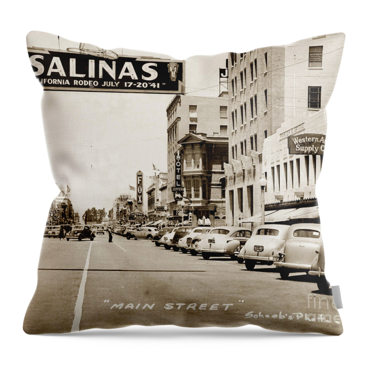 Main Throw Pillow featuring the photograph Main Street Salinas California 1941 by Monterey County Historical Society