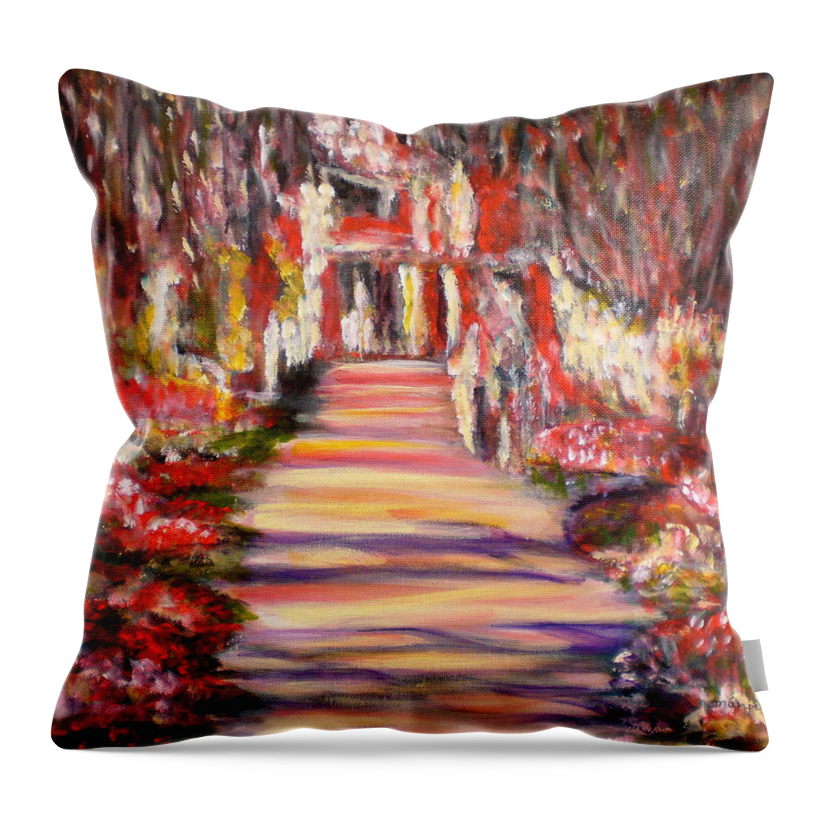Garden Impressionist Red Yellow Blue Pink Flowers Romantic Reflections Landscape Monet Black Throw Pillow featuring the painting Majestic Garden by Manjiri Kanvinde