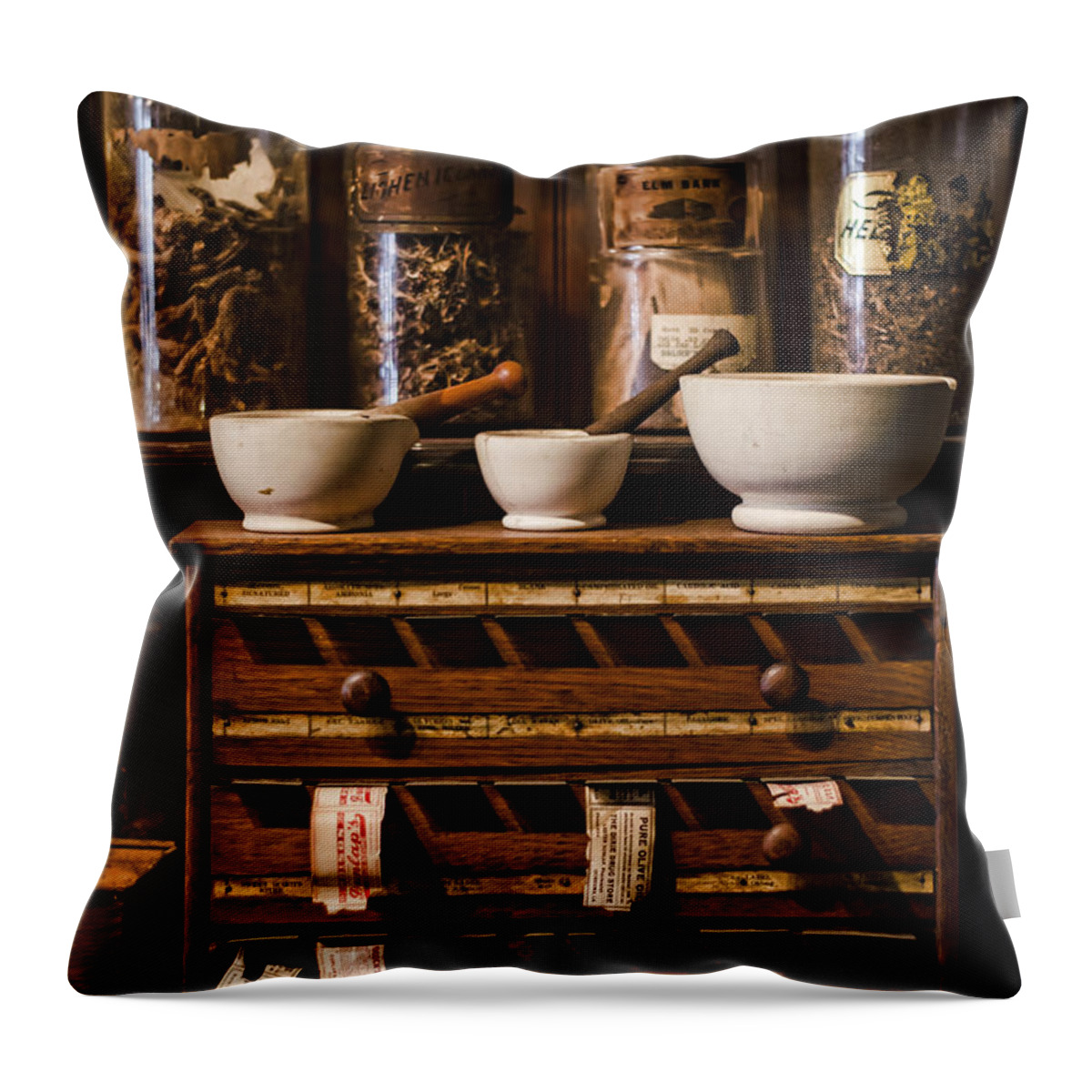 Pharmacy Throw Pillow featuring the photograph Making Potions by Heather Applegate