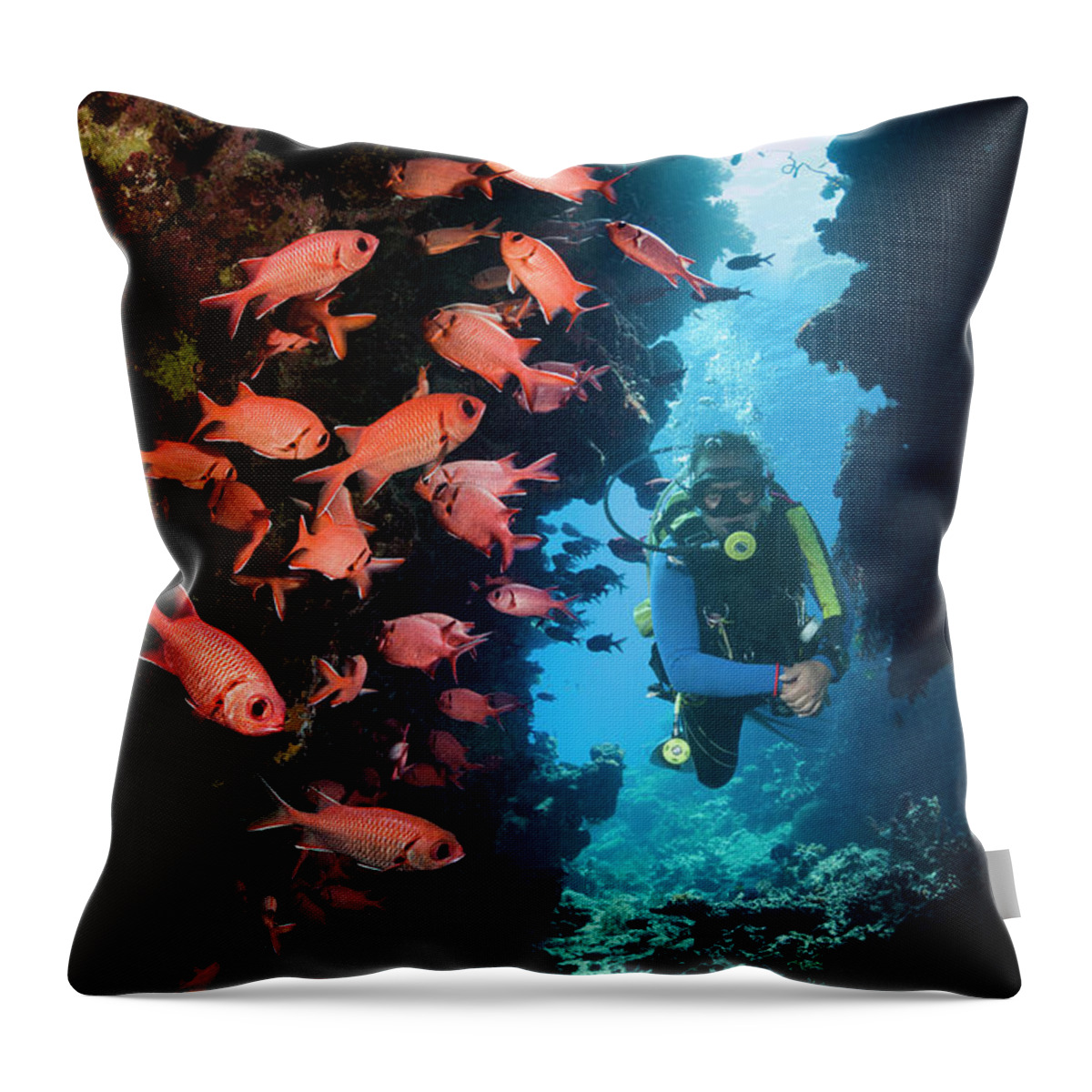 People Throw Pillow featuring the photograph Male Scuba Diver In Cave by Georgette Douwma