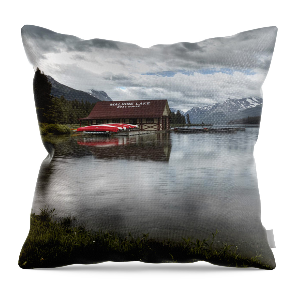 Maligne Lake Throw Pillow featuring the digital art Maligne Lake under the rain by Diane Dugas