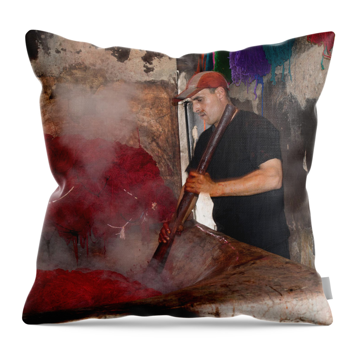 Photography Throw Pillow featuring the photograph Man Dyeing Wool In The Souk, Marrakesh by Panoramic Images