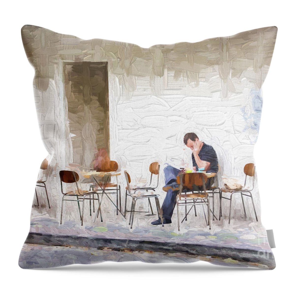 Man In Cafe Throw Pillow featuring the photograph Man in cafe by Sheila Smart Fine Art Photography