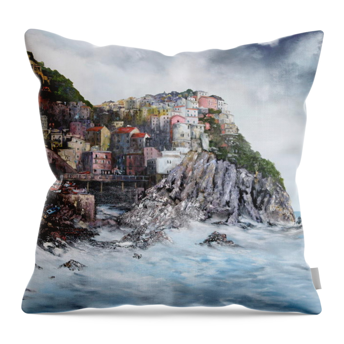 Manarola Throw Pillow featuring the painting Manarola Italy by Jean Walker