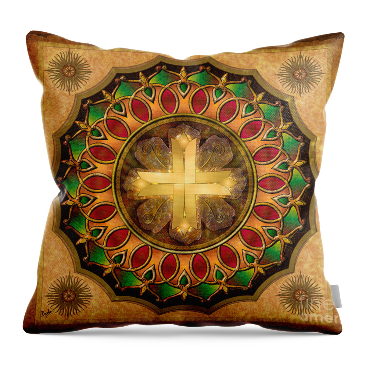 Mandala Throw Pillow featuring the digital art Mandala Illuminated Cross sp by Peter Awax
